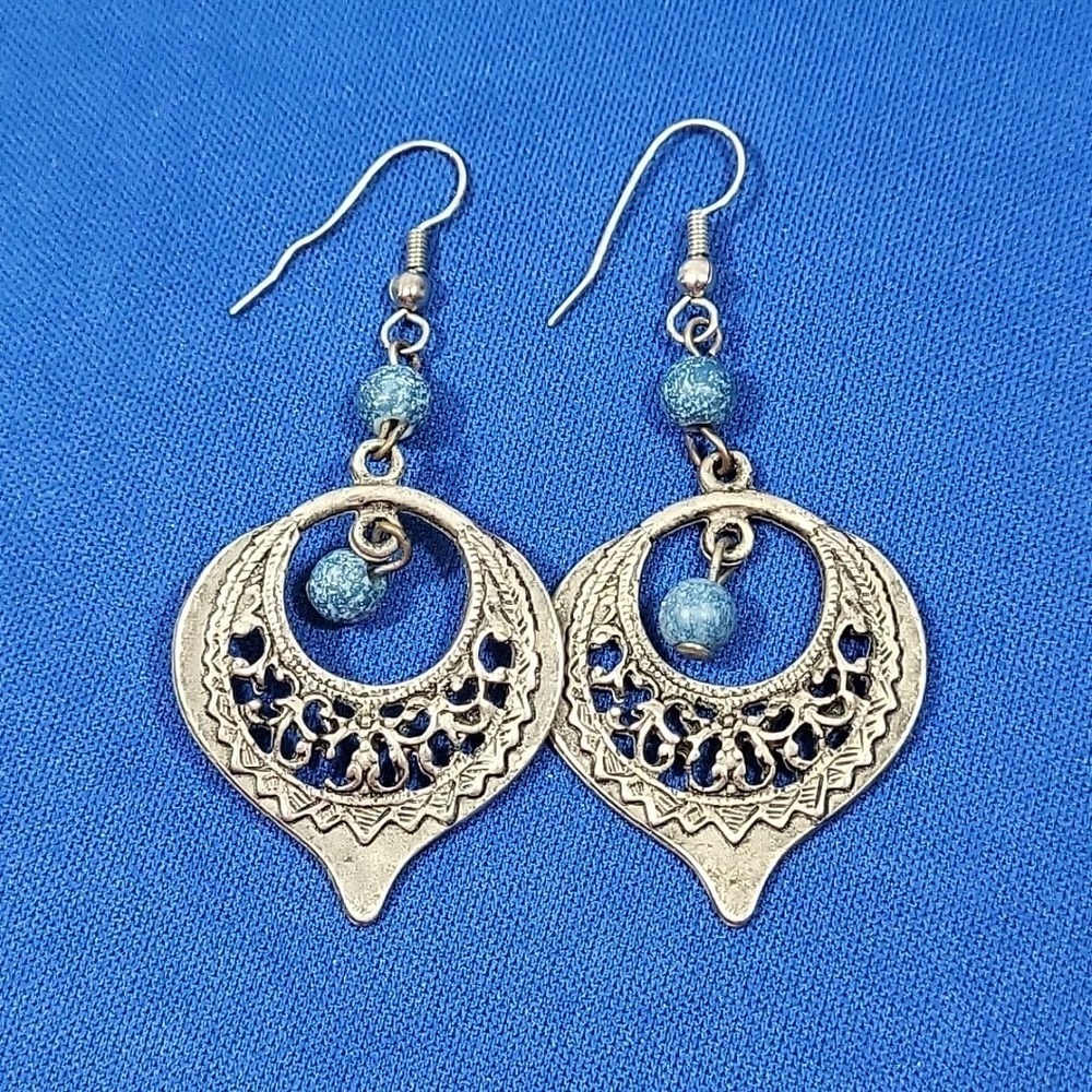 Southwest Style Teardrop Earrings Faux Turquoise Beaded Ornate Drop Dangle